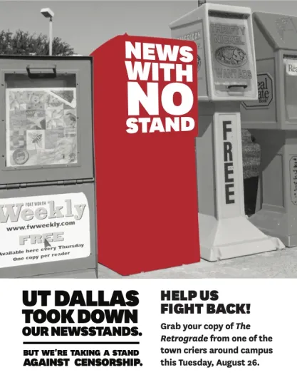 Illustration of a row of newsstands on a college campus with on blocked out in red with the following words capitalized in white: "NEWS WITH NO STAND"